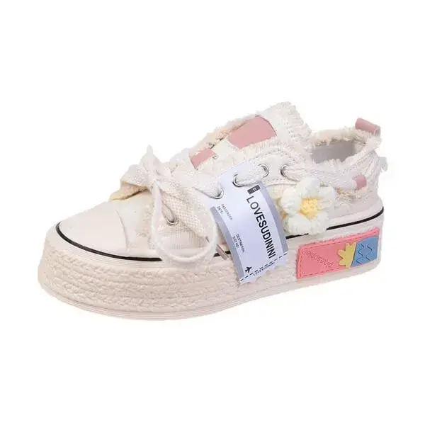 Womens Floral Canvas Sneakers | Breathable Thick-Sole Low-Top Shoes in Beige, Black, Pink