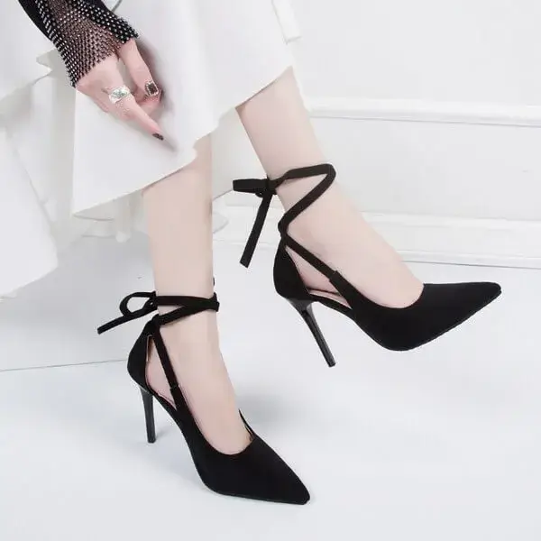 Rangolishoe Women Fashion Solid Color Plus Size Strap Pointed Toe Suede High Heel Sandals Pumps