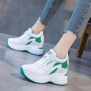 Rangolishoe Women Fashion Round Toe Platform Medium Heel Lace-Up Colorblock Sneakers