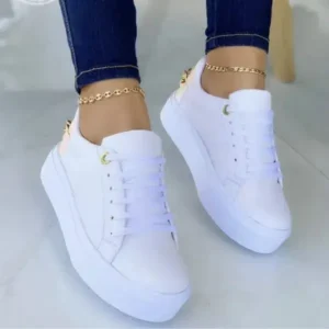 Rangolishoe Women Fashion Round Toe Platform Lace Up Solid Color Sneakers