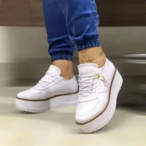 Rangolishoe Women Fashion Round Toe Solid Color Pu Hidden Wedge Lace-Up Low Top Sneakers Shoes