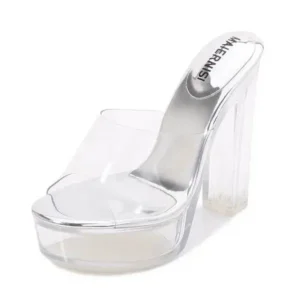 Rangolishoe Women Fashion Plus Size Transparent Crystal Chunky Heel Platform High