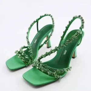 Rangolishoe Women Fashion Plus Size Sexy Rhinestone Strap Square Toe Heeled Sandals