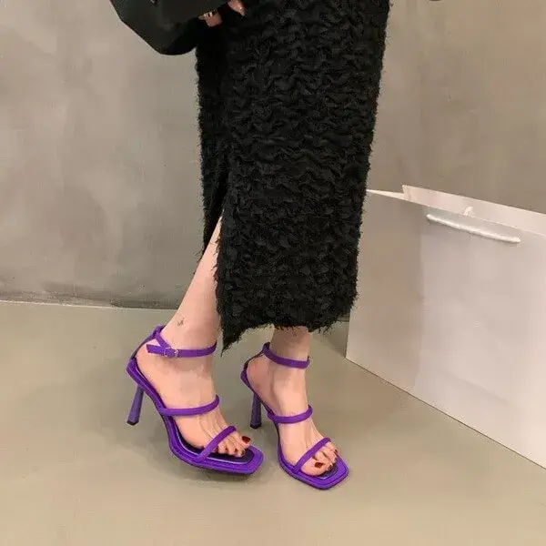 Rangolishoe Women Fashion Sexy Simple Strap Square Toe Heeled Sandals