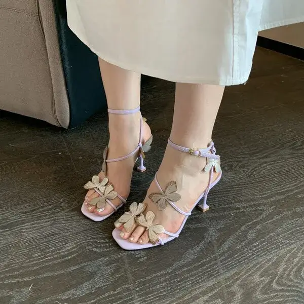 Rangolishoe Summer Women Fashion Sexy Butterfly Square Toe Heeled Sandals