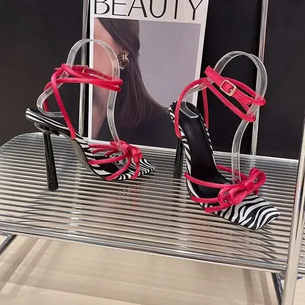 Rangolishoe Women Fashion Casual Lace-Up Bow Color Blocking Stiletto Heel Sandals