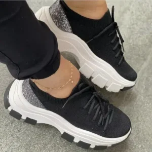 Rangolishoe Wedge Heel Flying Woven Colorblock Lace-Up Sneakers Large Size Casual Low Top Women Shoes