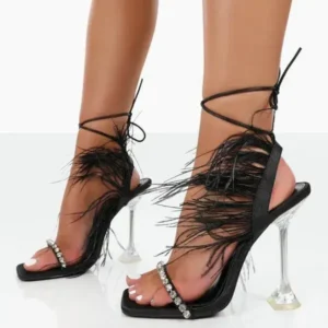 Rangolishoe Women Fashion Sexy Rhinestone Feather Decorative Solid Color High Heel Sandals Shoes