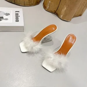 Rangolishoe Women Fashion Sexy Feather Decoration Solid Color Chunky High Heel Slippers Shoes