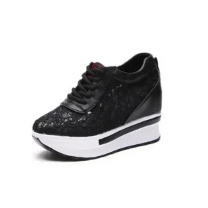 Rangolishoe Women Sexy Lace Design Lace-Up Breathable Wedge Platform Sneakers