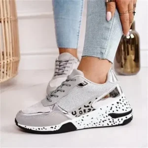 Rangolishoe Women Fashion Casual Leopard Print Color Matching Lace-Up Platform Sneakers