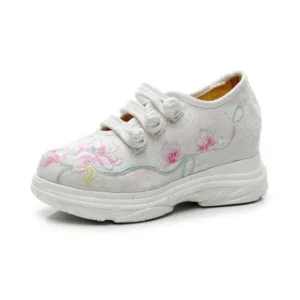 Rangolishoe Women Casual Flower Embroidered Round Toe Platform Canvas Sneakers