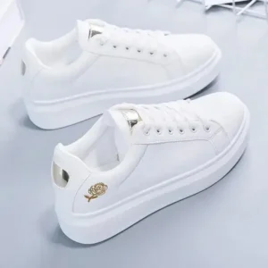 Rangolishoe Women Casual Fashion Rose Embroidery Thick-Soled Comfortable PU Leather White Sneakers