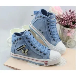 Rangolishoe Women Casual Spring Zipper Decor Lace-Up High Top Denim Canvas Sneakers