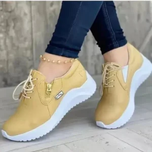 Rangolishoe Women Casual Round Toe Low Cut Lace-Up PU Side Zipper Design Solid Color Sneakers