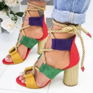 Rangolishoe Women Fashion Sexy Cross Hollow Lace Up Design Color Blocking High Heel Sandals Shoes