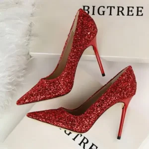 Rangolishoe Women Sexy Shining Sequins Decor Pointed-Toe Stiletto Shoes Pumps