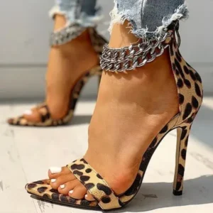 Rangolishoe Women Sexy Metal Chain Buckle Ankle Strap Animal Printed High Heels