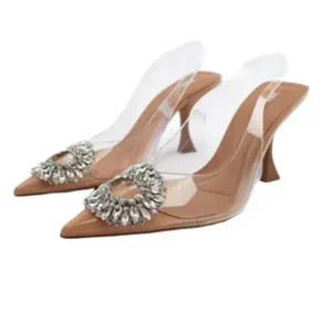 Rangolishoe Summer Women Fashion Plus Size Pointed Toe Rhinestone Transparent Heeled Sandals