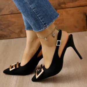 Rangolishoe Summer Women Fashion Casual Plus Size Solid Color Pointed Toe Metal Buckle Sling Back High Heel Sandals