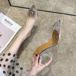 Rangolishoe Women Fashion Sexy Rhinestone Decorative Pointed Toe Transparent High Heel Sandals