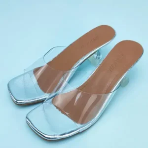 Rangolishoe Women Fashion Casual Square Toe Transparent Design Mid Heel Slippers