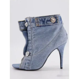 Rangolishoe Women Fashion High Heel Denim Button High Top Boots