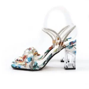 Rangolishoe Women Fashion Sexy PU Rhinestone Floral Printed Square Toe Chunky Heel ?Sandals