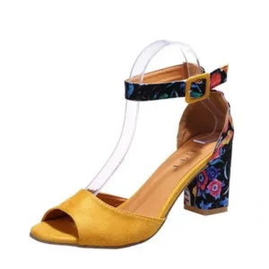 Rangolishoe Women Fashion Sexy PU Floral Printed Peep Toe Chunky Heel Ankle Strap Buckle Sandals