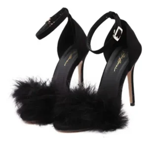 Rangolishoe Women Fashion Sexy PU Solid Color Feather Peep Toe Stiletto Heel Ankle Strap Buckle Sandals