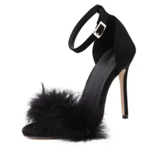 Rangolishoe Women Fashion Sexy Solid Color Feather Peep Toe Stiletto Heel Ankle Strap Buckle Sandals