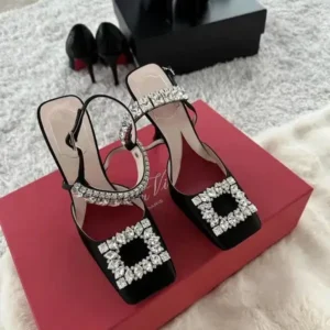 Rangolishoe Women Fashion Elegant PU Square Toe Rhinestone Stiletto Heel Ankle Strap Buckle Sandals