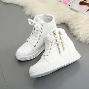 Rangolishoe Women Fashion Solid Color Side Zipper Lace-Up Round Head Thick-Soled Sneakers