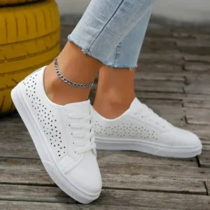 Rangolishoe Women Fashion Solid Color Plus Size Hollow Lace-Up Round-Toe Sneakers