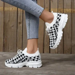 Rangolishoe Summer Women Fashion Casual Geometric Print Fly-Woven Lace-Up Sneakers