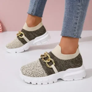 Rangolishoe Women Fashion Color Block Metal Chain Thick-Soled Breathable Fly-Woven Sneakers