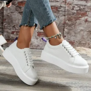 Rangolishoe Women Fashion Solid Color Round-Toe Lace-Up Thick-Soled Sneakers