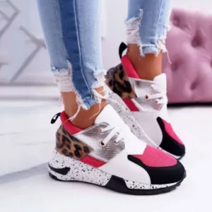 Rangolishoe Women Casual Leopard Printed Patchwork Lace Up Sneakers