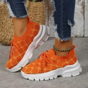 Rangolishoe Women Fashion Plus Size Casual Flying Woven Lace-Up Round Toe Sneakers