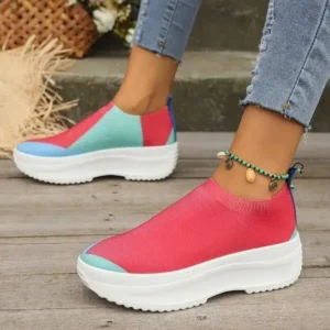 Rangolishoe Women Fashion Casual Color Blocking Fly-Woven Thick-Soled Sneakers