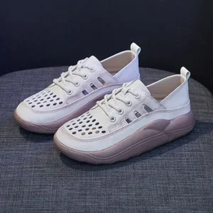 Rangolishoe Women Fashion Casual Solid Color PU Lace-Up Hollow Breathable Sneakers