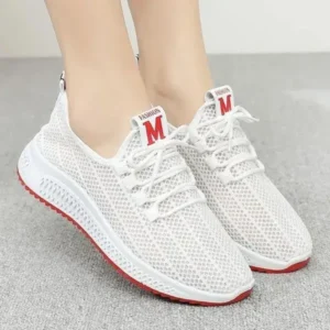 Rangolishoe Women Fashion Mesh Solid Color Lace-Up Sneakers