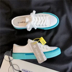 Rangolishoe Women Fashion Cream Blue Canvas Lace-Up Sneakers