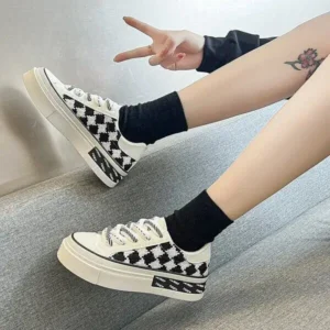 Rangolishoe Women Fashion Platform Checkerboard Canvas Sneakers