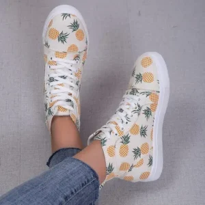 Rangolishoe Women Fashion Round Toe Lace-Up Pineapple Strawberry Flat Sneakers