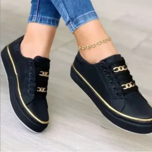 Rangolishoe Women Thick Bottom Chain Casual Round Toe Fashion Pu Sneakers