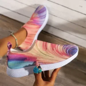 Rangolishoe Women Fashion Round Multicolor Gradient Rainbow Mesh Sneakers