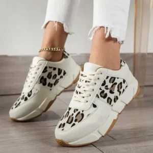 Rangolishoe Women Fashion Round Toe Stitching Lace Up Low Top Leopard Sports Sneakers